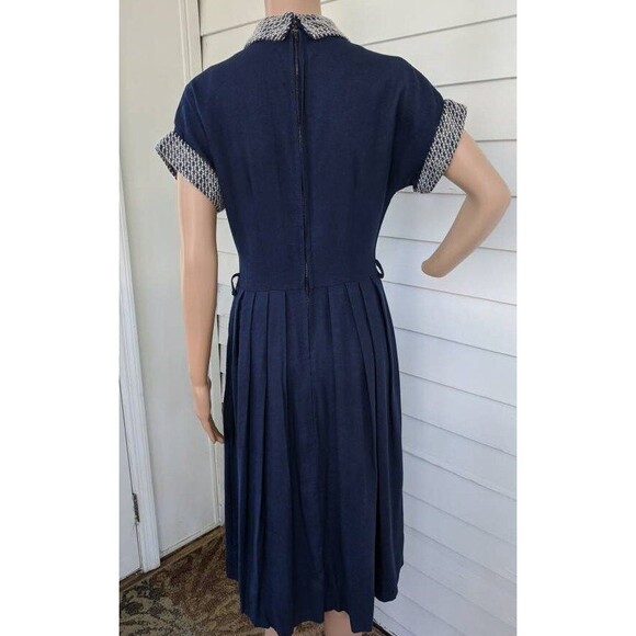 50s Mohair Collar Cuffs Dress Dark Blue Vintage S - Picture 10 of 10